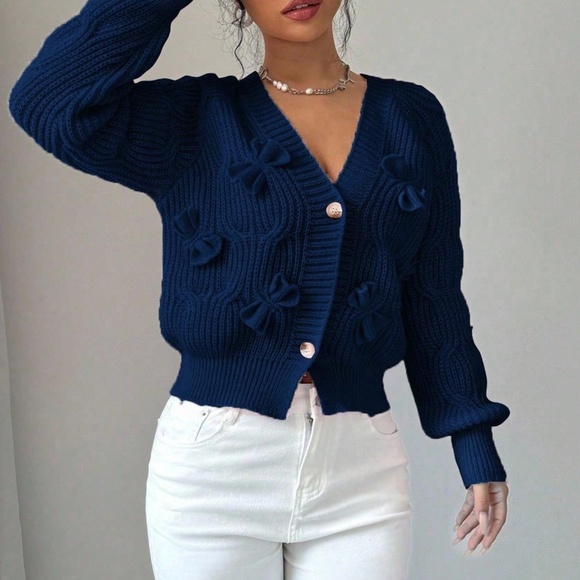 Classic Solid Bow Detail Button Down Fitted Cardigan - Picture 2 of 10